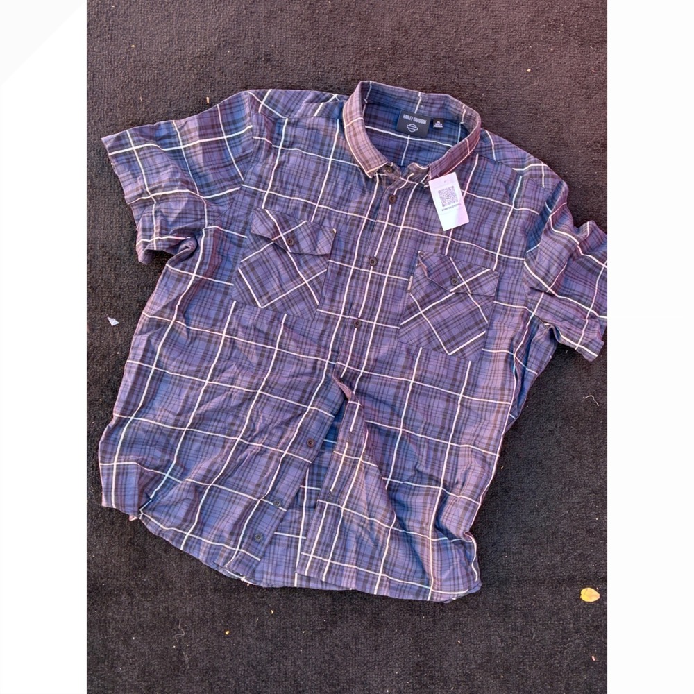 Harley-Davidson Mens 3XL Blue Plaid Short Sleeve Button Up Work Shirt Pocket